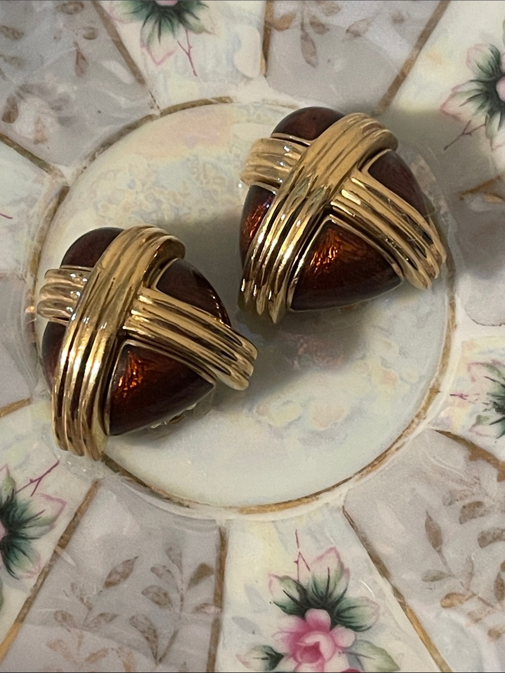 Ciner Bronze-Brown Enamel & Gold “X” Runway Statement Clip On Earrings